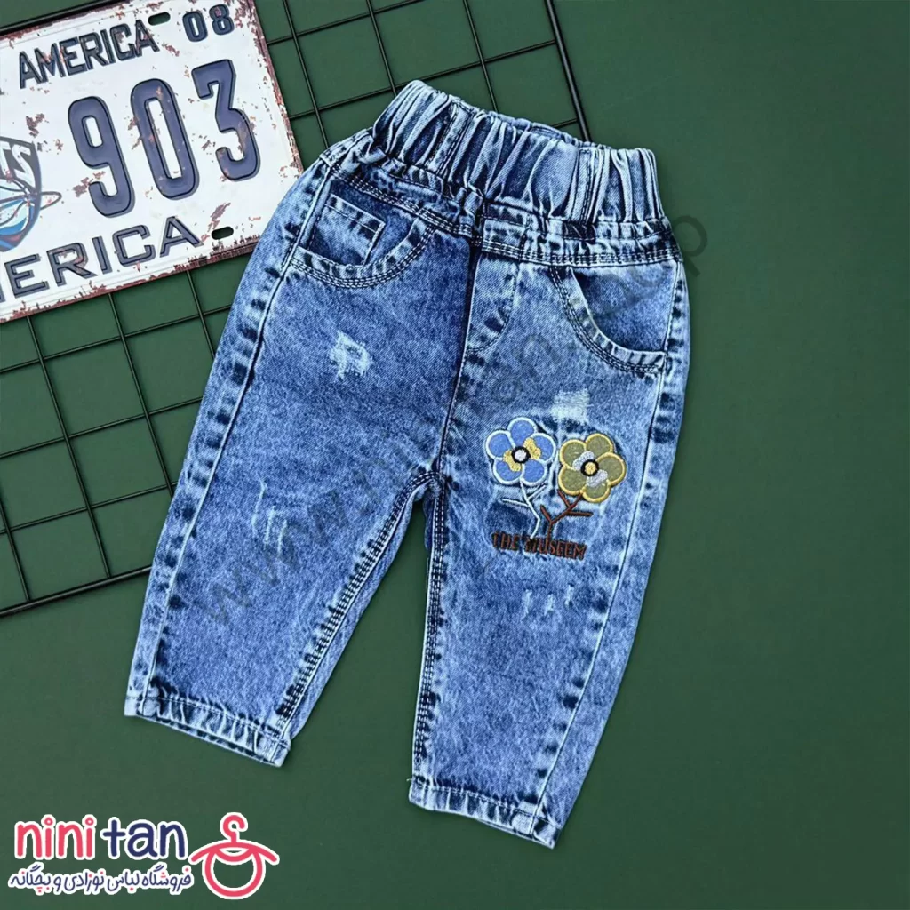 شلوار جین دخترانه زاپ دار طرح گل